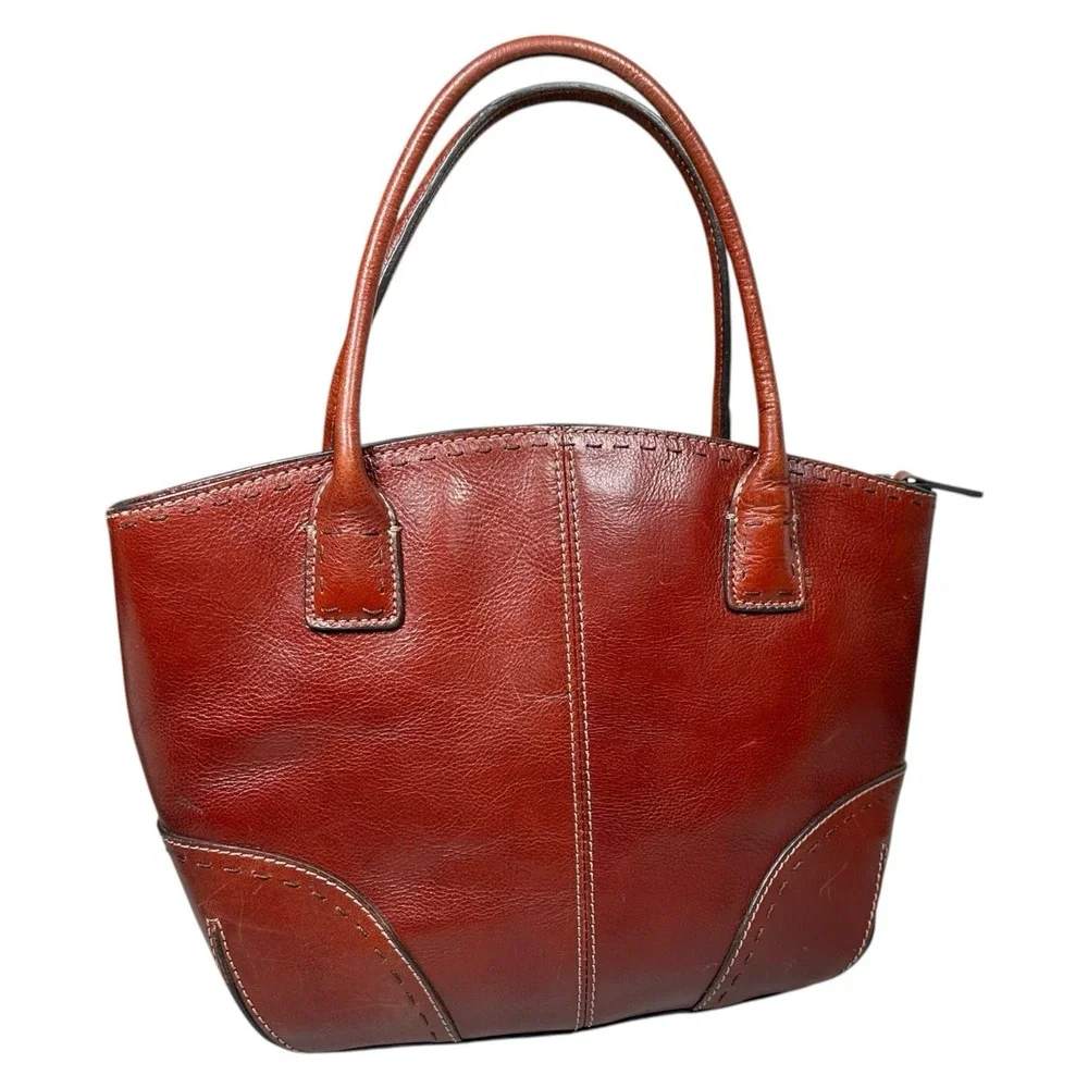 Vintage Fossil Cognac Leather Satchel Double Handle Bag Classic Y2K Key Charm - Picture 3 of 15